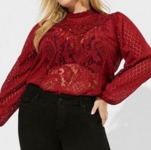 Torrid Red Lace Long Sleeve Blouse with Mandarin Collar